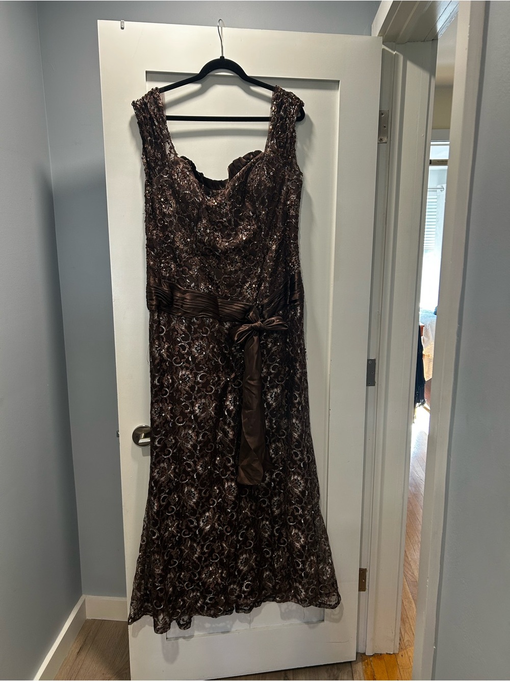 MM Couture Brown Lace Full length ballgown/formal dress with Satin Sash